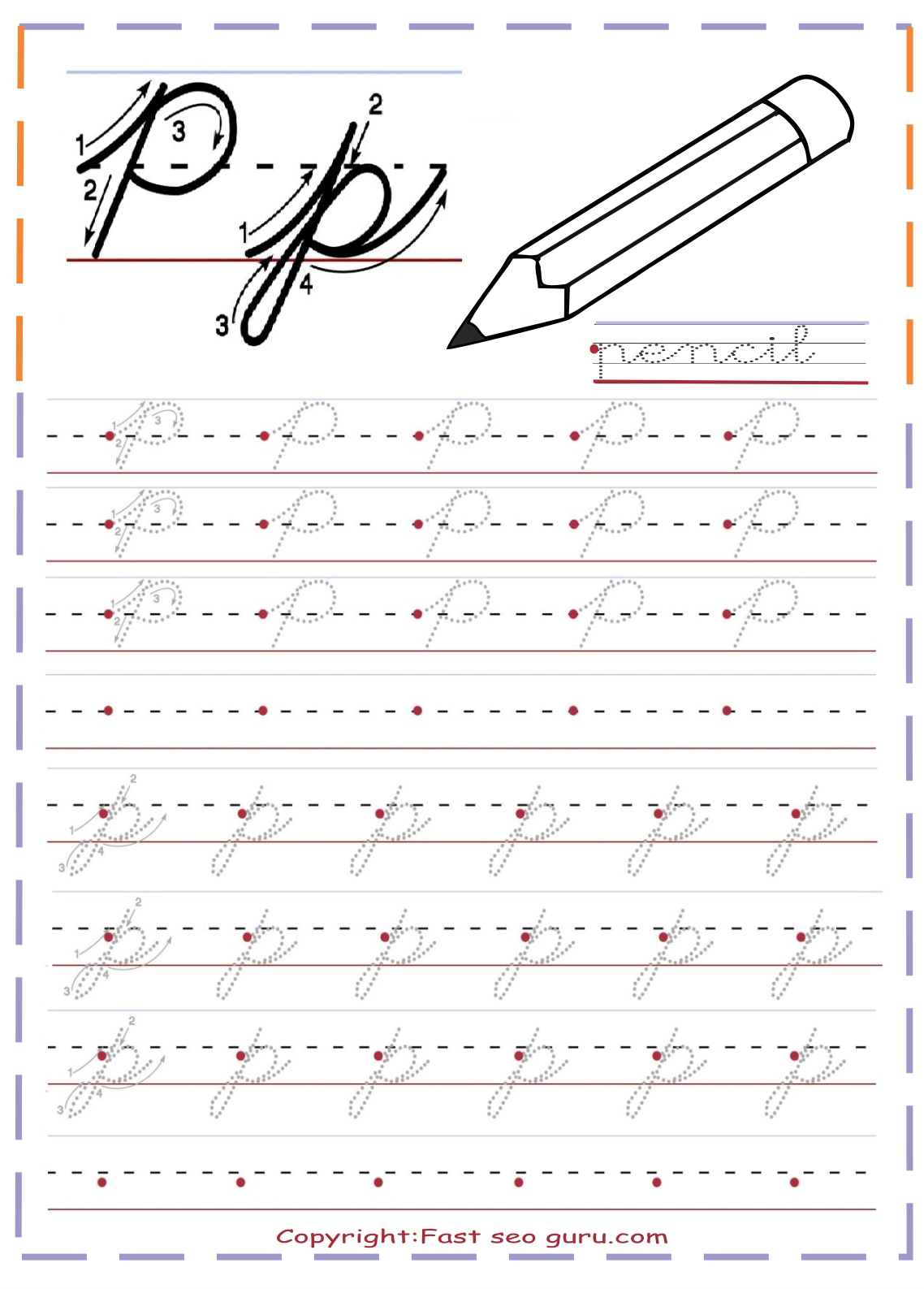 cursive handwriting tracing worksheets letter p for pencil